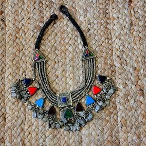 Vintage middle eastern statement necklace, multi color, 17.5 inches
